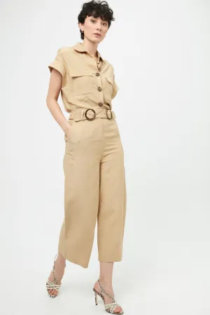 16171 Beige Shirt Collar Belt Jumpsuit