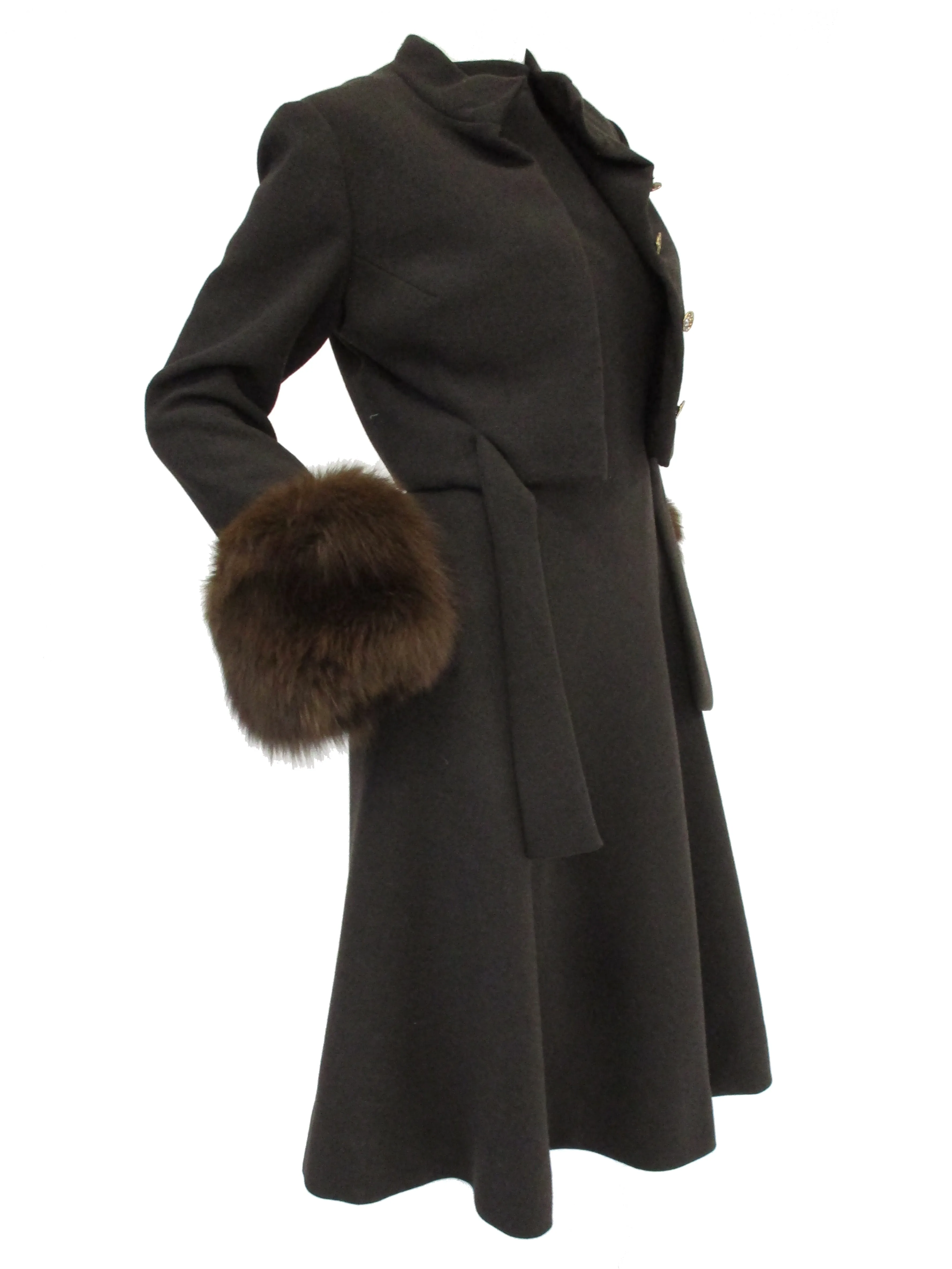 1960s Pauline Trigere Grey Wool Suit with Fox Fur Cuff & Rhinestone Details