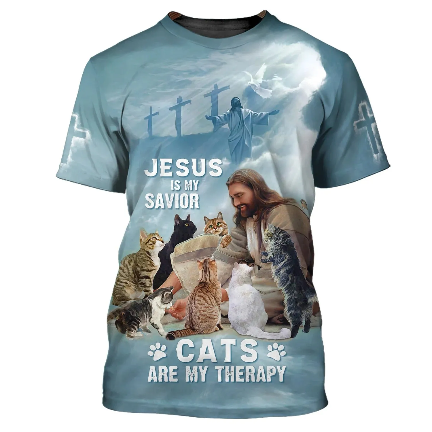 3D All Over Print Cat And Jesus Hoodie, Jesus Is My Savior, Cats are My Therapy Sweatshirt, Cat Tee Shirt