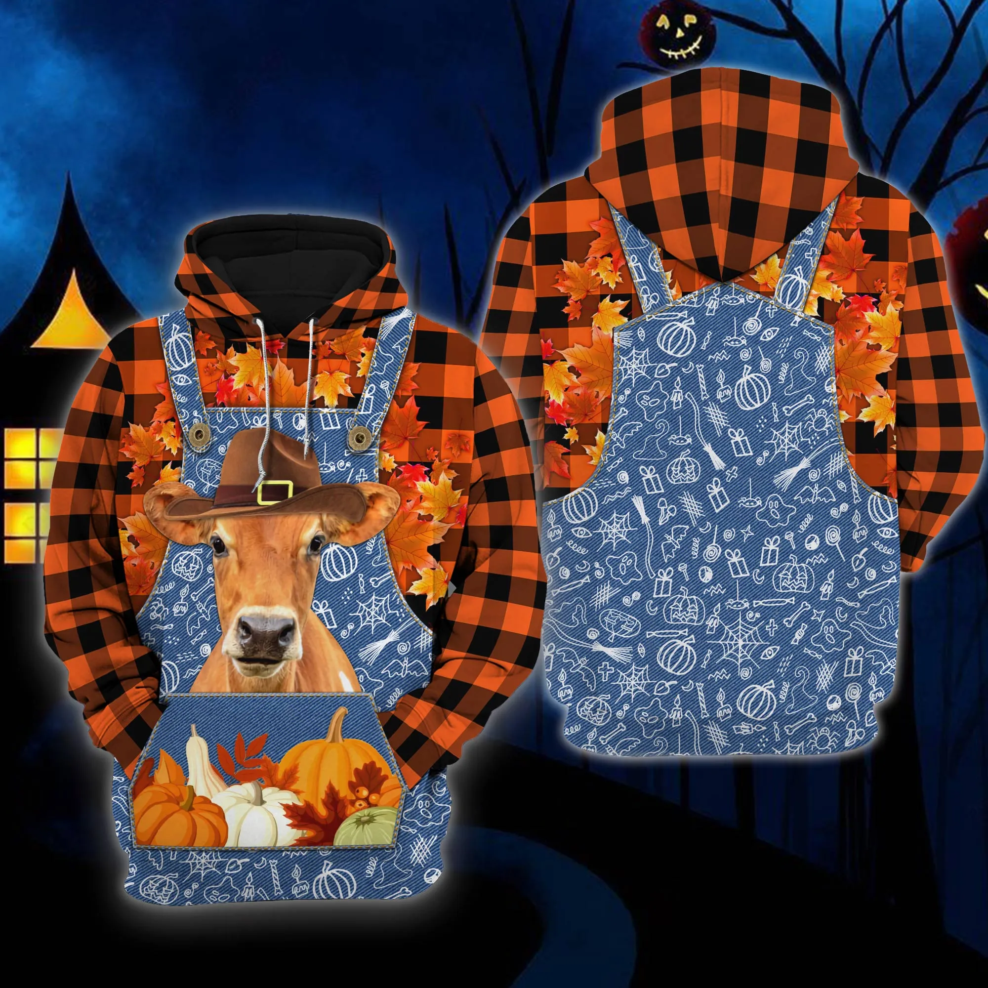 3D All Over Printed Hoodie Halloween Jersey Orange Plaid