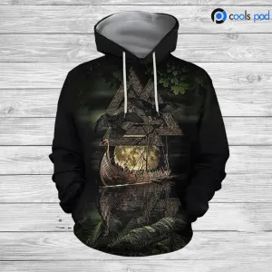 3D All Over Printed Viking Ship Hoodies, Black Viking Hoodie For Adults