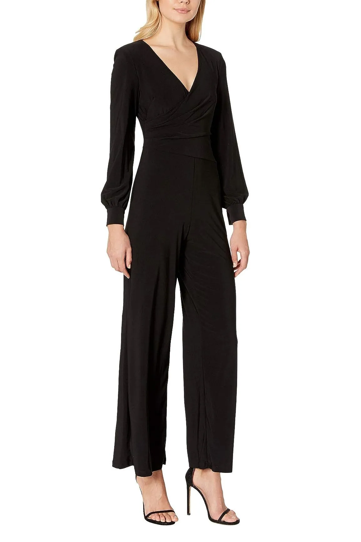 Adrianna Papell V-Neck Ruched Long Sleeve Zipper Back Solid Jersey Jumpsuit