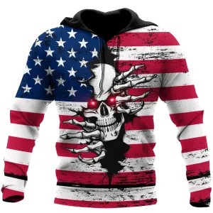 American Red Eyes Skull Hoodie For Men And Women, Usa Flag Pattern Skull Hoodies