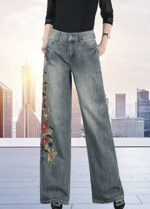 Art Dark Blue High Waist Floral Embroideried Pockets Cotton Denim Straight Pants Fall