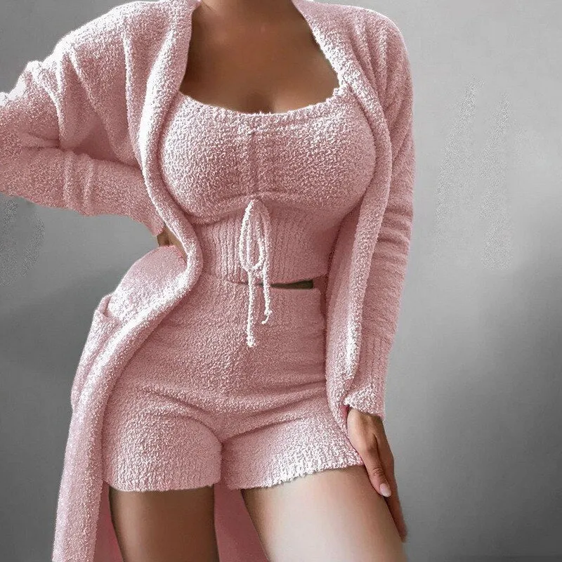 Autumn Winter 3 Piece Fluffy Outfits Plush Sexy Backless Fleece Pyjamas Women Casual Sports Sweatshirt Home Wear Sets Tracksuit