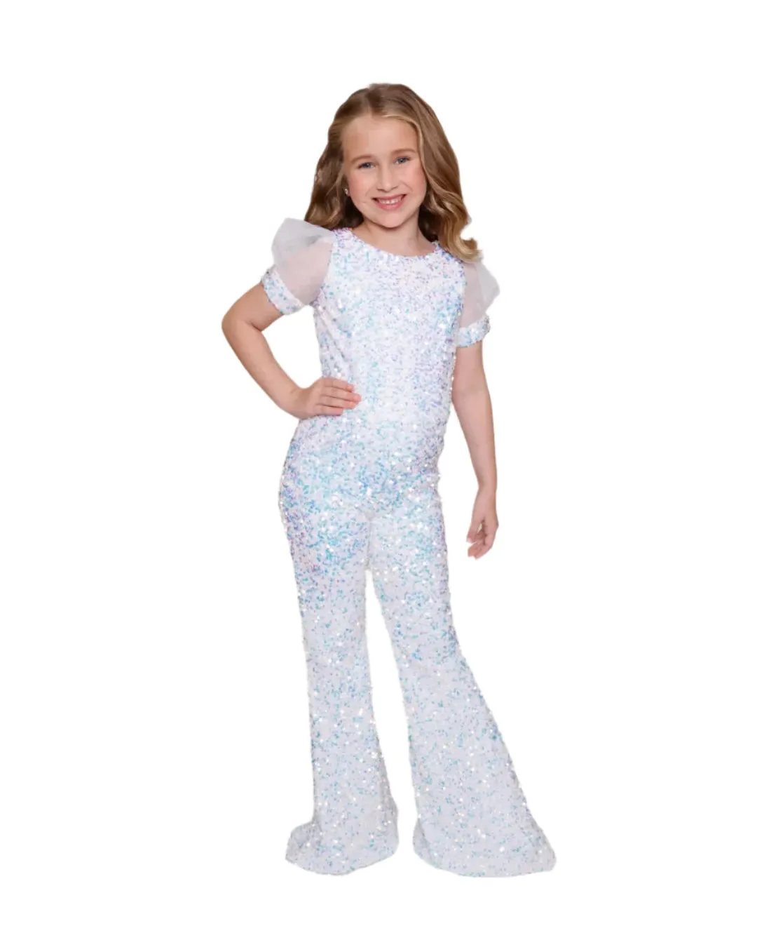 Ava Presley 38044 Girls Sequin Pageant Jumpsuit Overskirt Puff Sleeve bell bottom Formal Wear