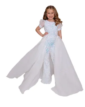 Ava Presley 38044 Girls Sequin Pageant Jumpsuit Overskirt Puff Sleeve bell bottom Formal Wear