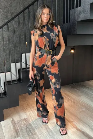 AX PARIS MULTI SMUDGE PRINT BELTED WIDE LEG JUMPSUIT