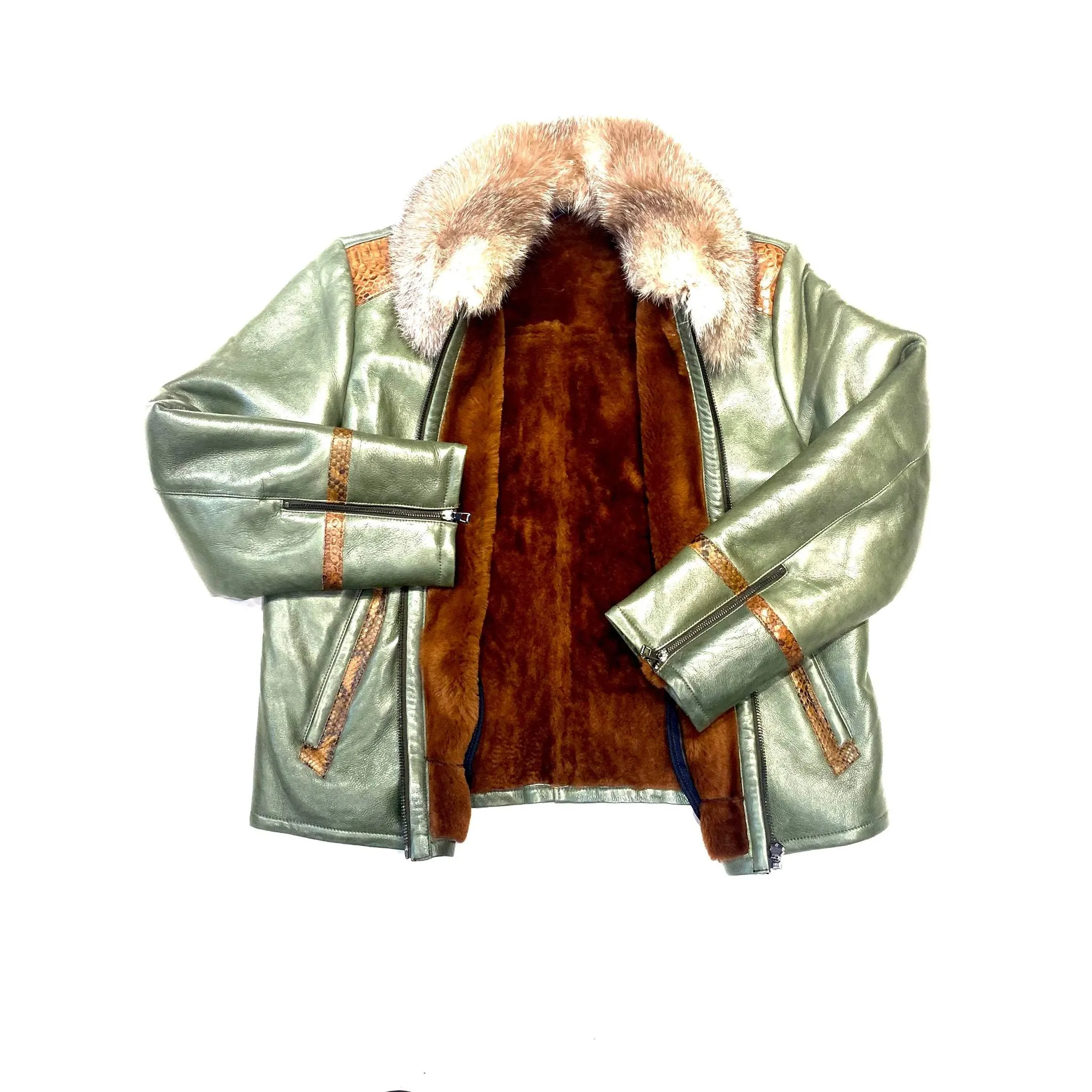 Barya NewYork Olive Cognac Python Fox Shearling Bomber Jacket