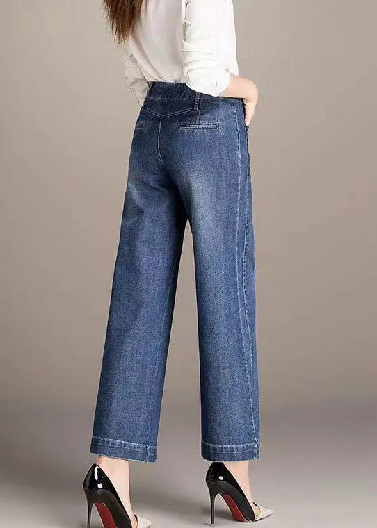 Beautiful Denim Blue High Waist Pockets Draping Cotton Straight Pants