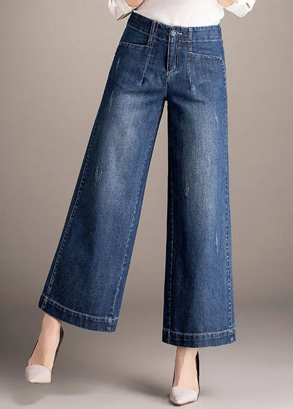 Beautiful Denim Blue High Waist Pockets Draping Cotton Straight Pants