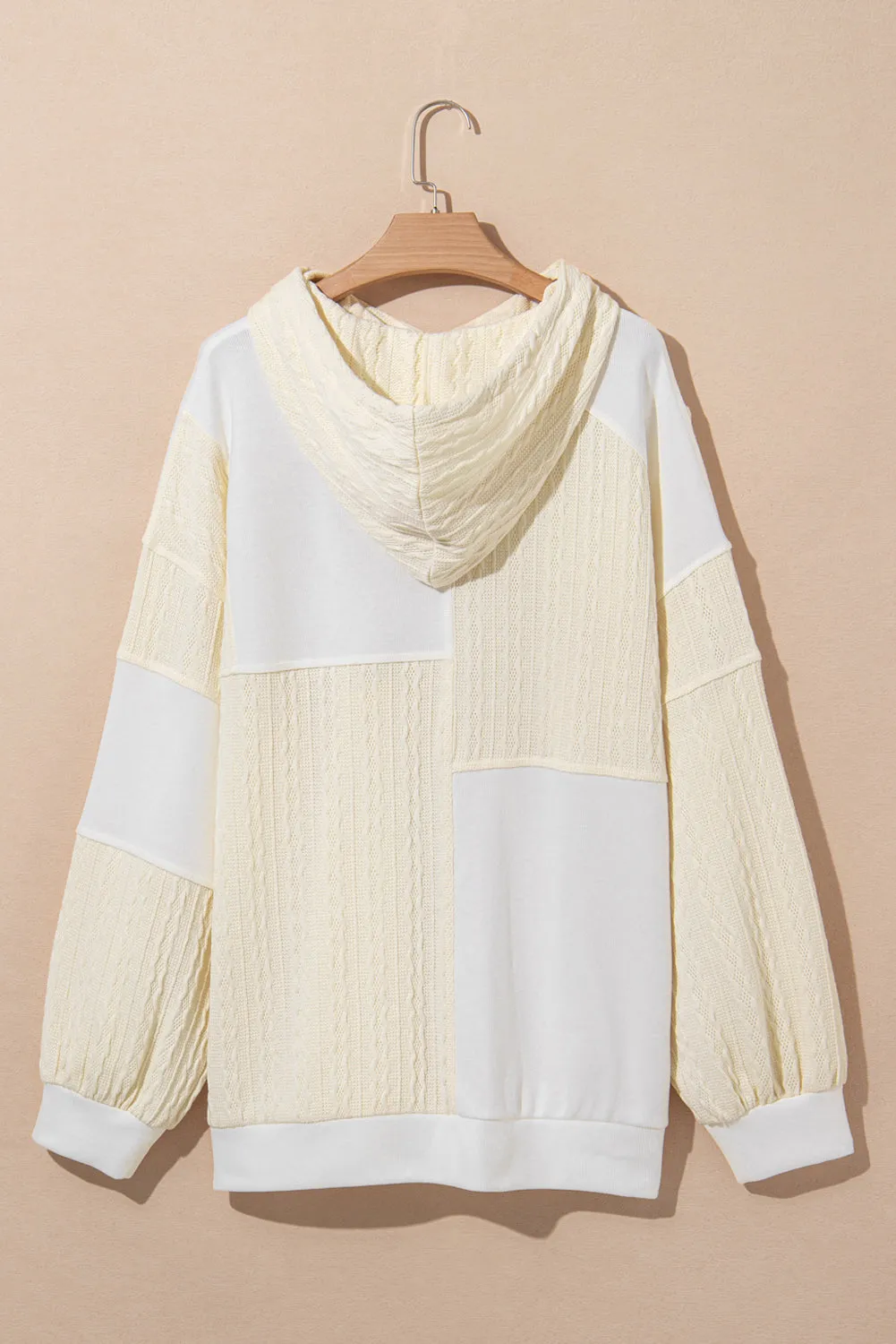 Beige Textured Patchwork Exposed Seam Plus Size Hoodie