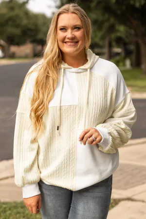 Beige Textured Patchwork Exposed Seam Plus Size Hoodie