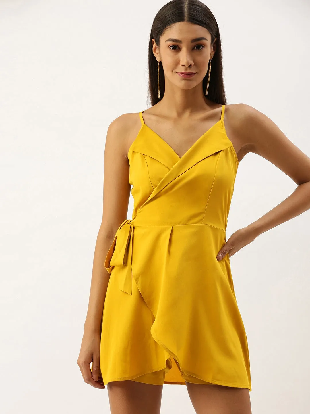 Berrylush Women Solid Yellow Ruffle Side Knot Cami Wrap Jumpsuit