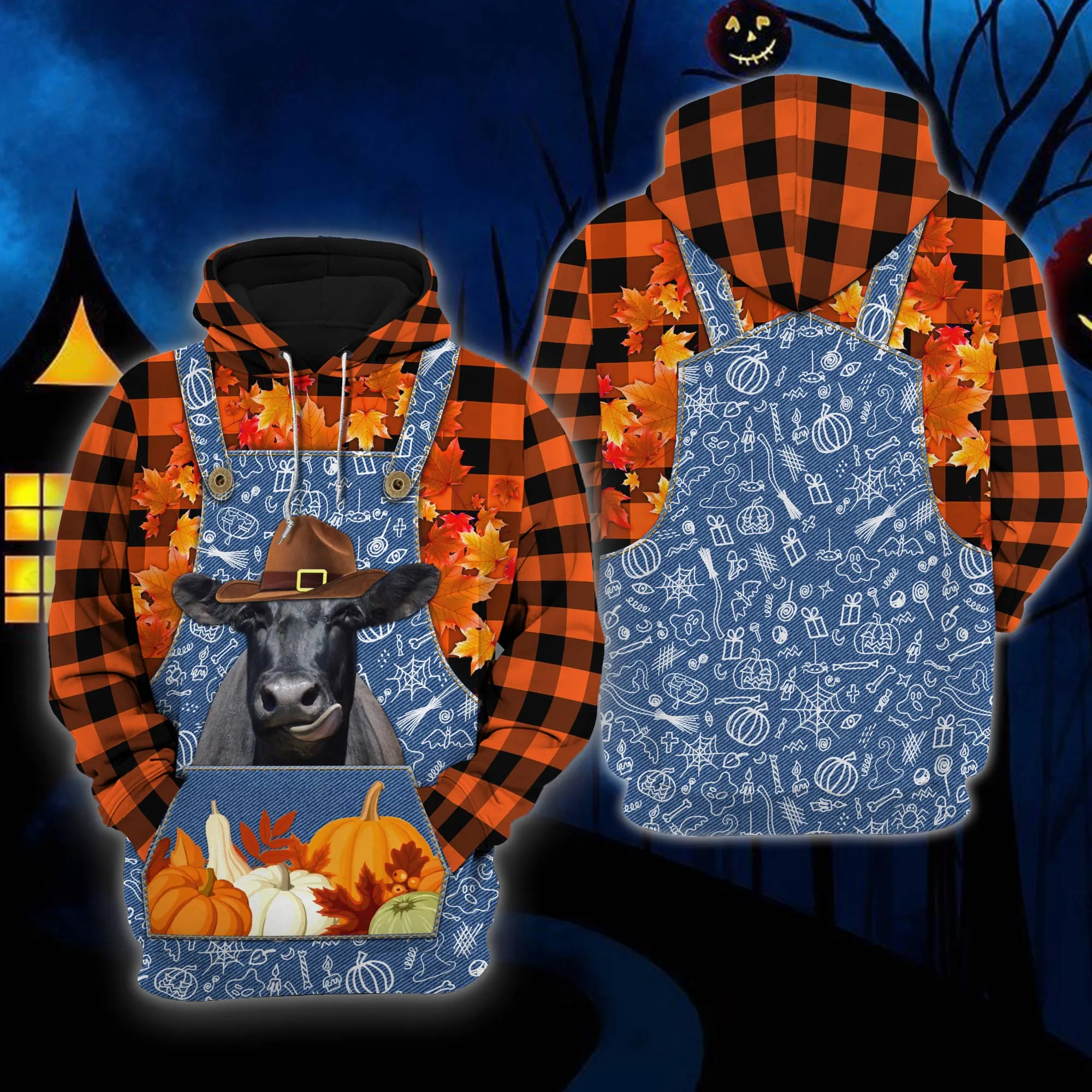 Black Angus 3D All Over Print On Hoodie, Halloween Hoodie Farm Pattern