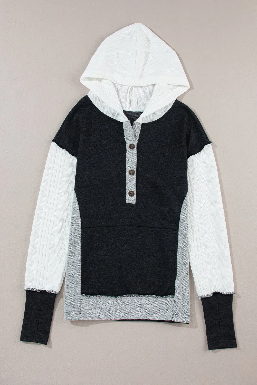 Black Color Block Textured Buttoned Kangaroo Pocket Hoodie