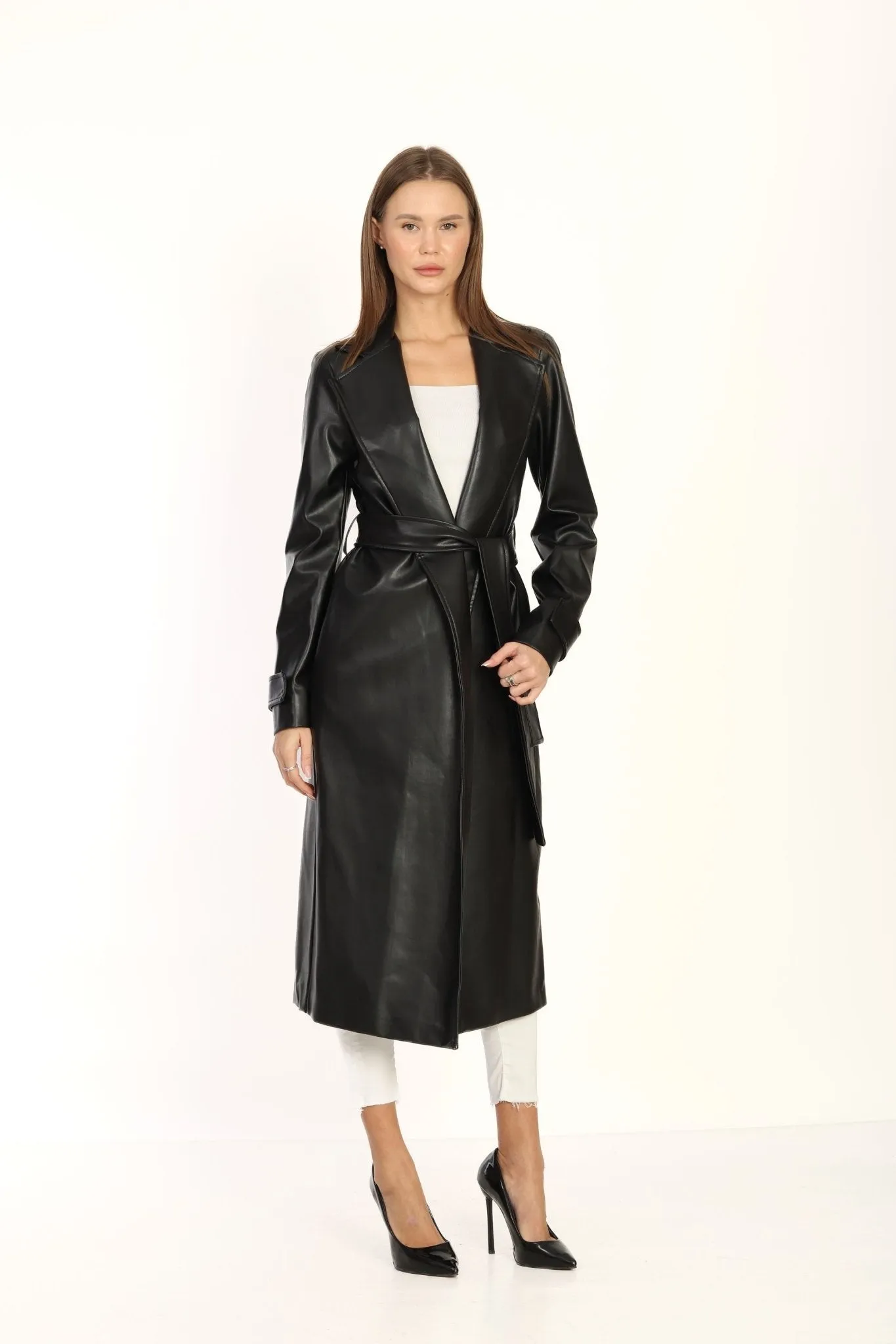 Black Double breasted Collar Silver Detailed Design Leather Coat