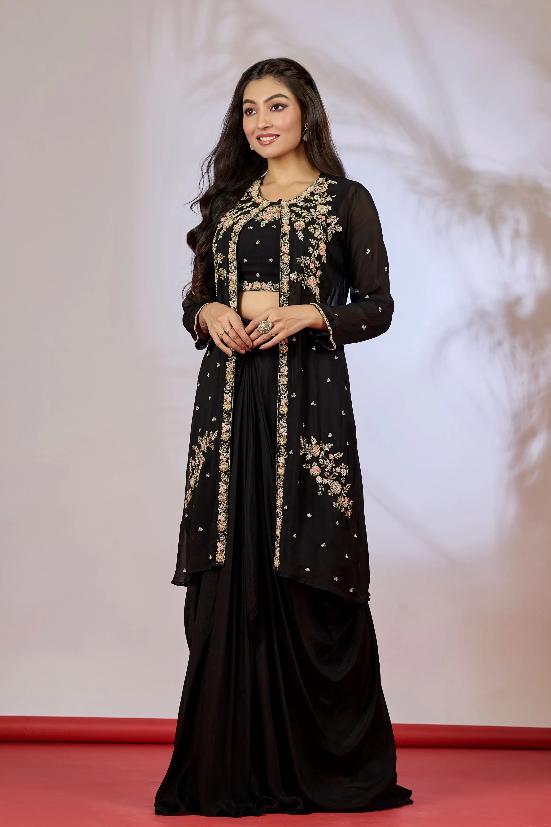 Black Embellished Chinon Silk Cape Set