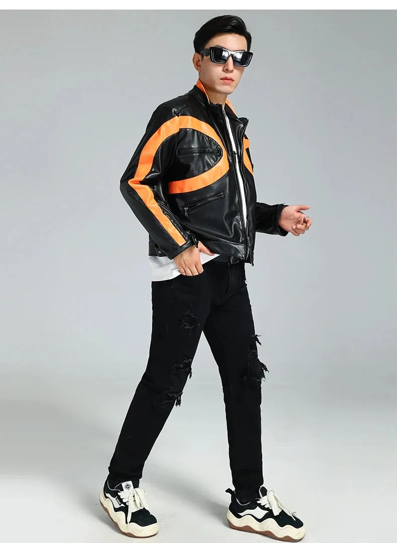 Black Orange Patchwork PU Leather Jacket