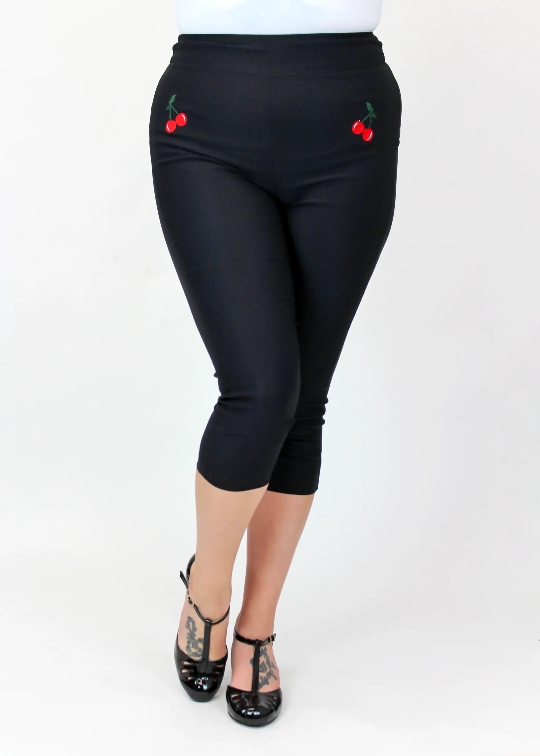 Black Pin Up High Waist Capri Pants - Embroidered Cherries #EM-HCC