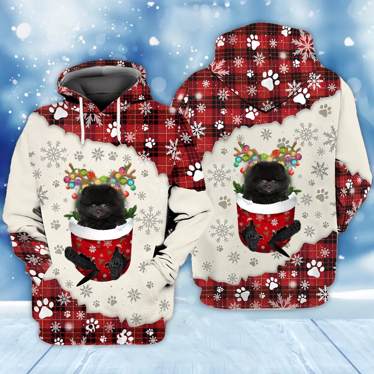 BLACK Pomeranian In Snow Pocket Merry Christmas Unisex Hoodie