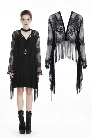 Black tasseled cape with kimono sleeves BW066