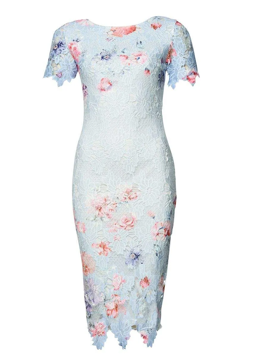 Blue Lace Printed Midi Dress