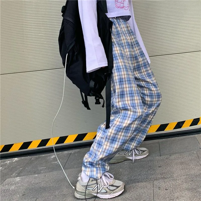 Blue Plaid Vintage Comfy High Waist Loose Pants