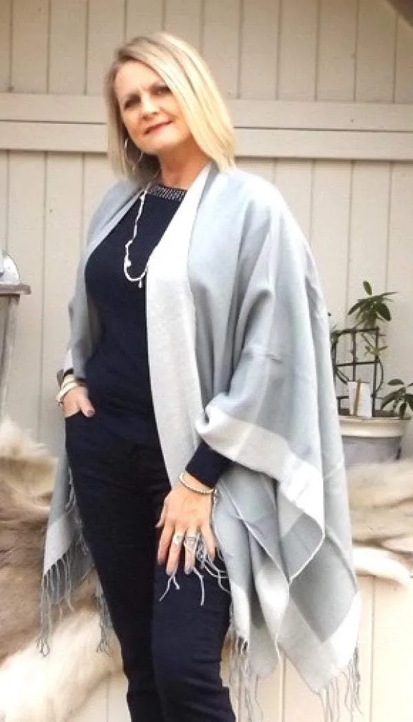 Bordered Reversible Wrap Cape in Cream & Grey