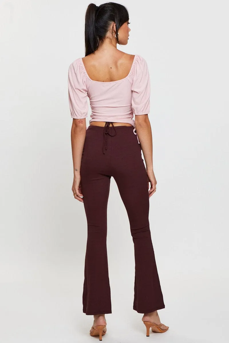 Brown Flare Pants High Rise Waist Tie