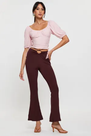 Brown Flare Pants High Rise Waist Tie