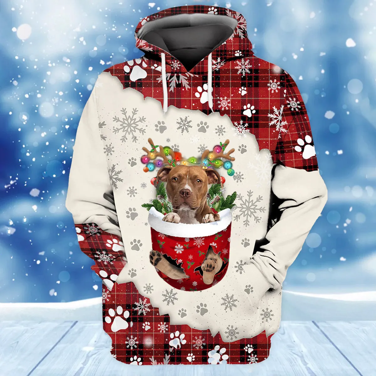 BROWN Pitbull In Snow Pocket Merry Christmas Unisex Hoodie