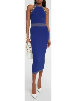 Button-Detailed Halter-Neck Knitted Midi Dress, Blue