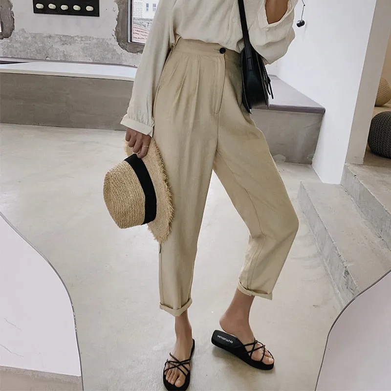 Casual High Waist Pencil Linen Pants