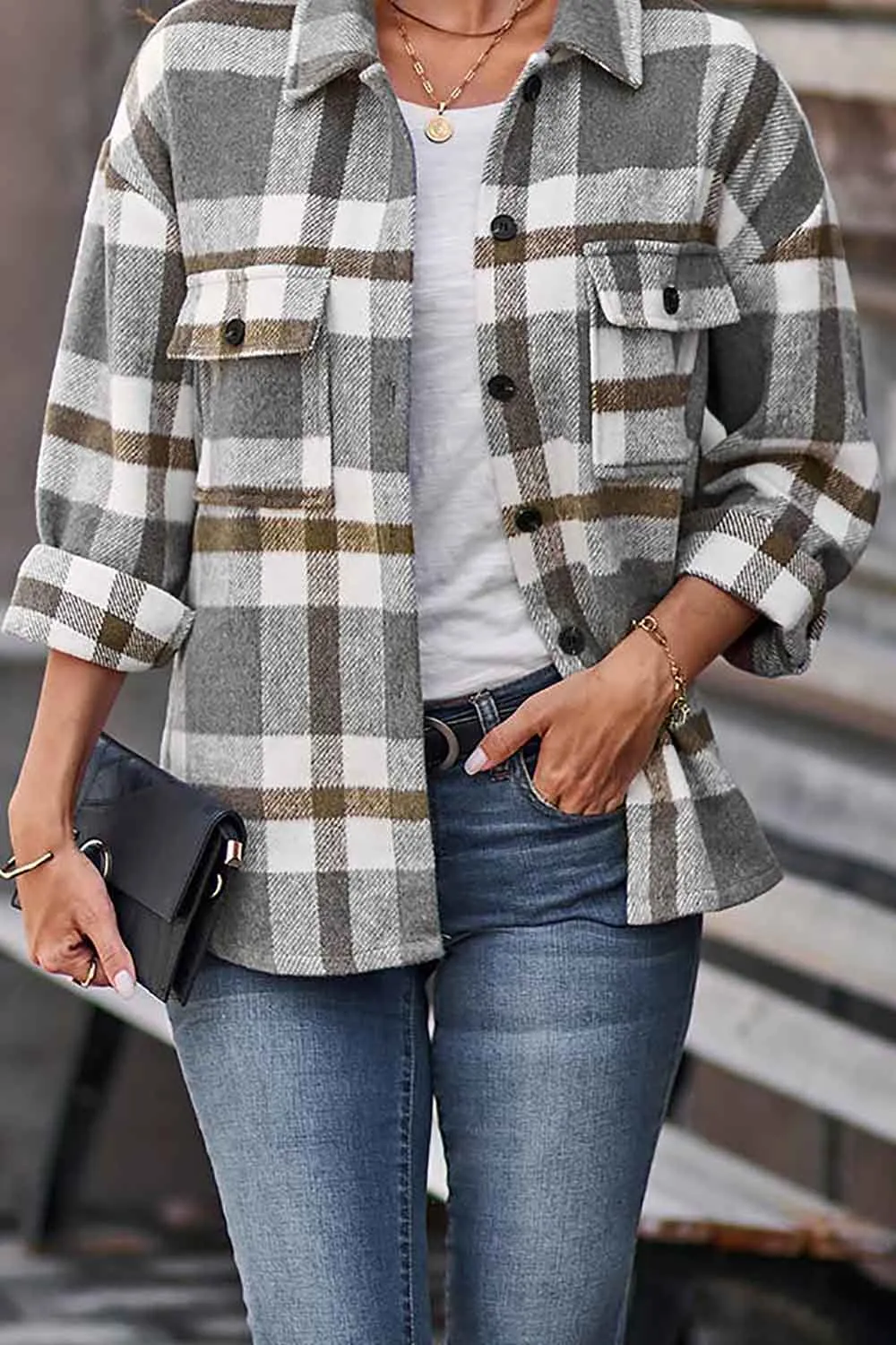 Casual Plaid Shacket Jackets Women Long Sleeve Shirt