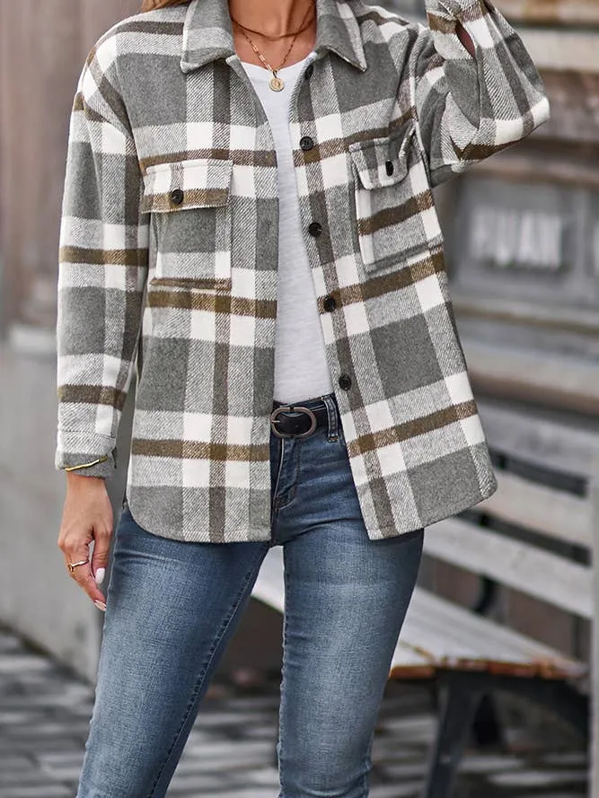 Casual Plaid Shacket Jackets Women Long Sleeve Shirt