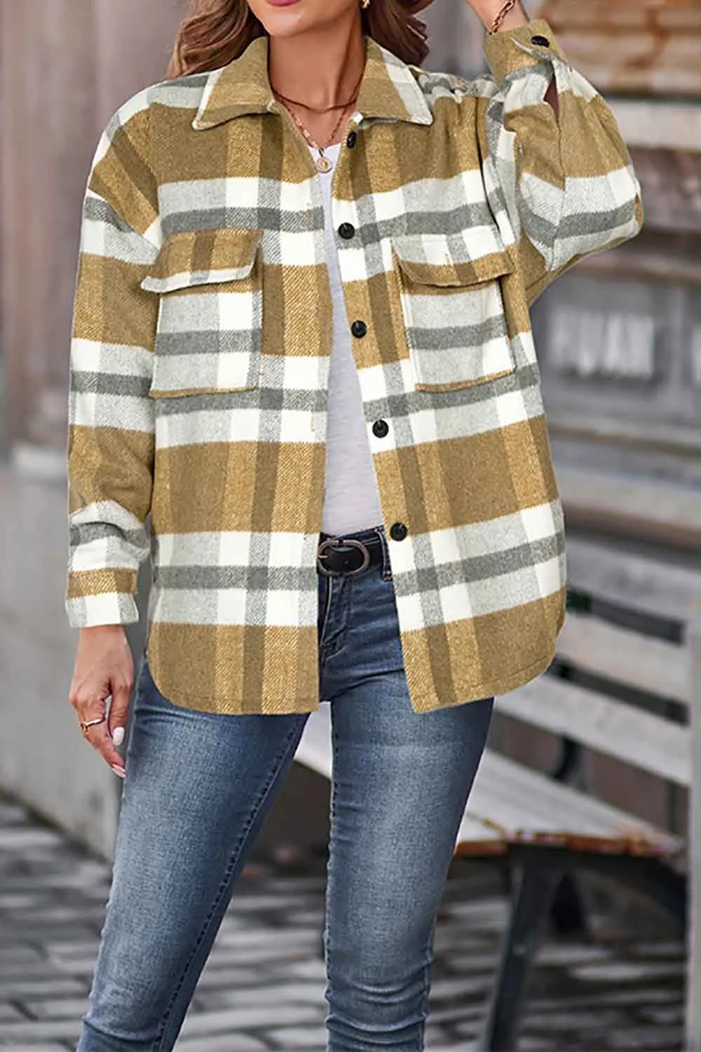 Casual Plaid Shacket Jackets Women Long Sleeve Shirt