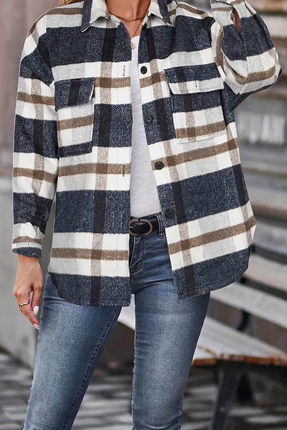 Casual Plaid Shacket Jackets Women Long Sleeve Shirt