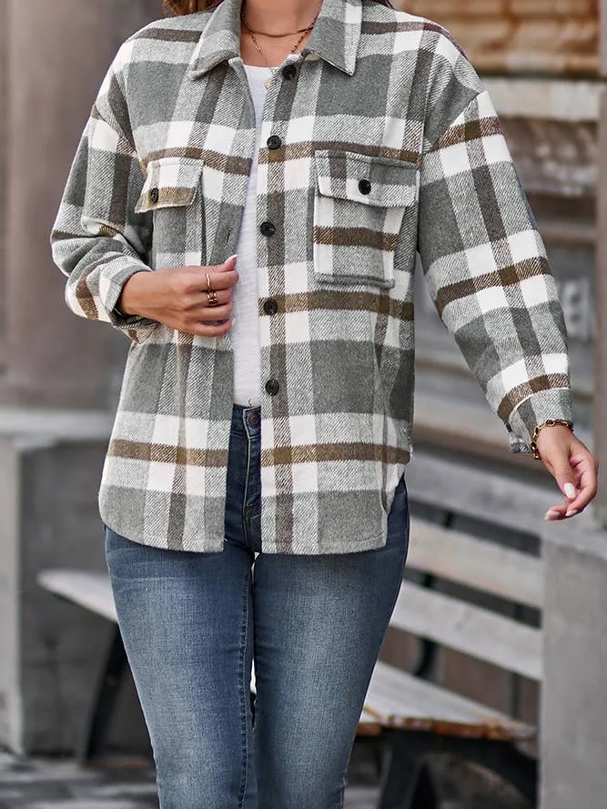 Casual Plaid Shacket Jackets Women Long Sleeve Shirt