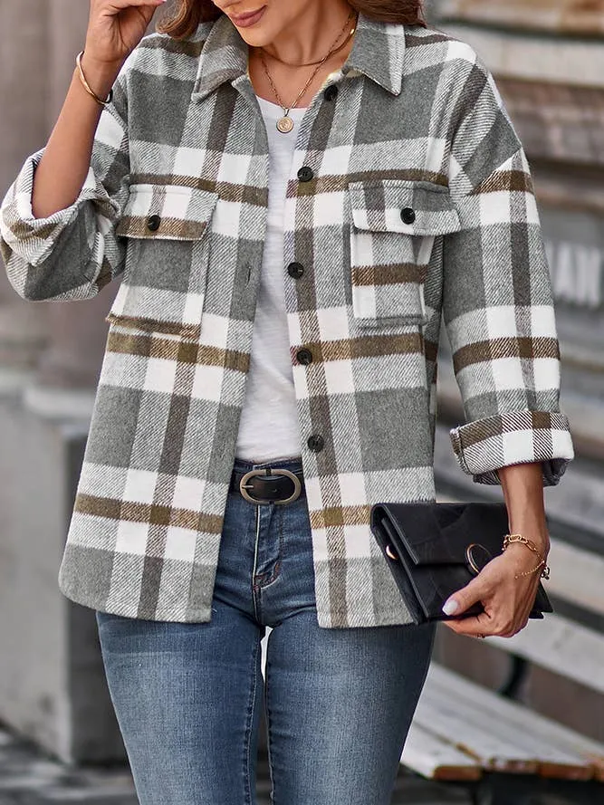 Casual Plaid Shacket Jackets Women Long Sleeve Shirt