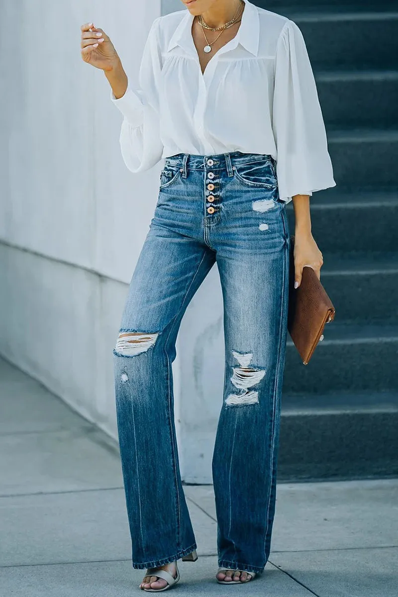 Casual Street Solid Ripped Buckle High Waist Straight Denim Jeans