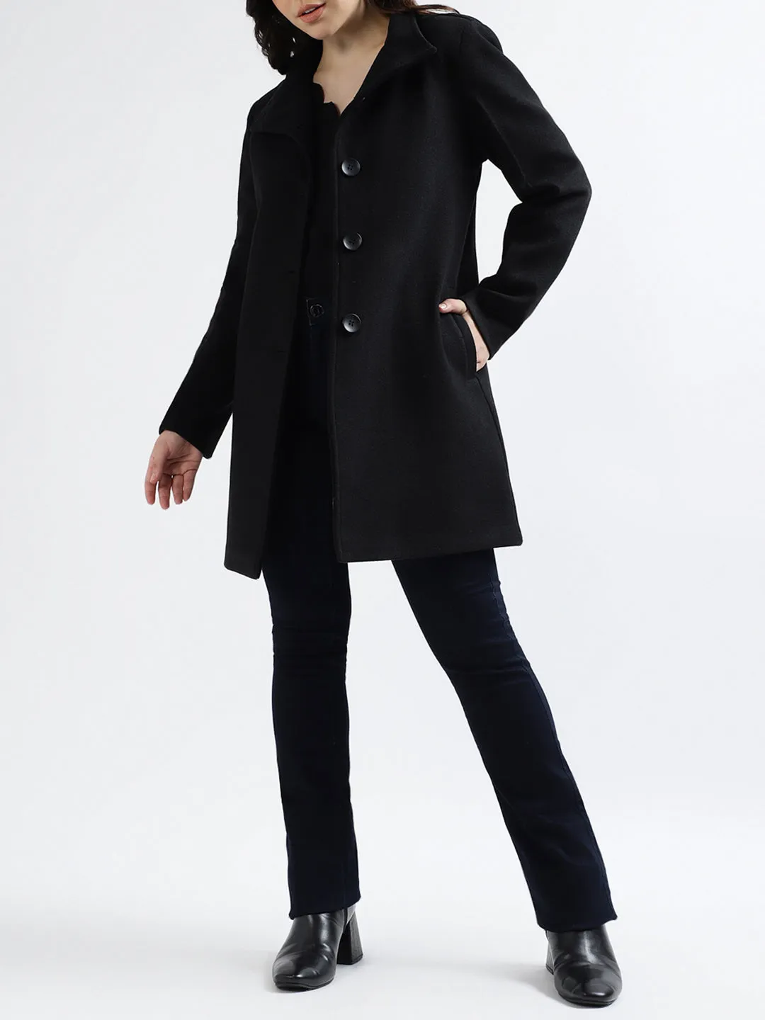 Centre Stage Women Solid High Neck Full Sleeves Overcoat