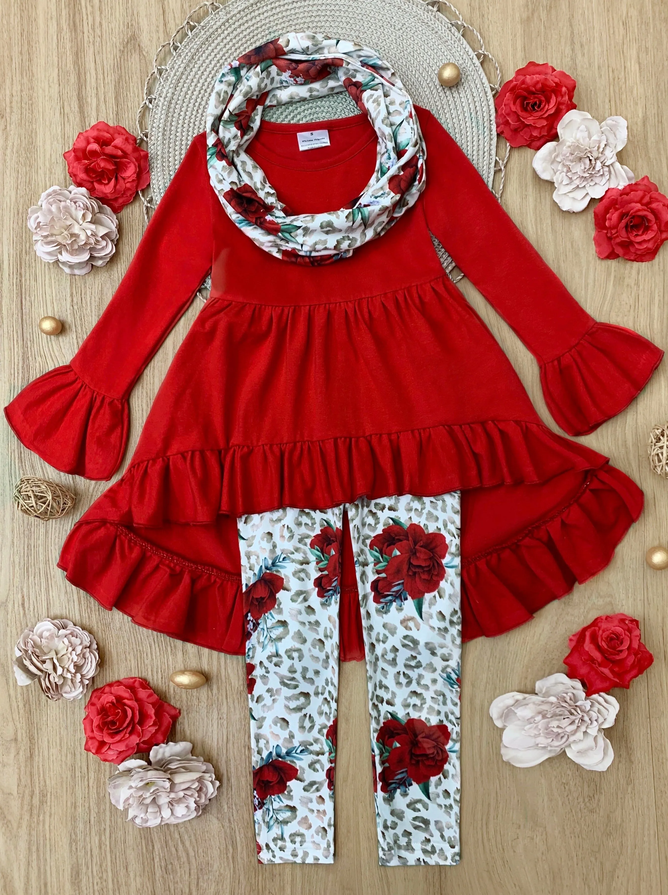 Cherry Floral Animal Print Tunic, Legging And Scarf Set