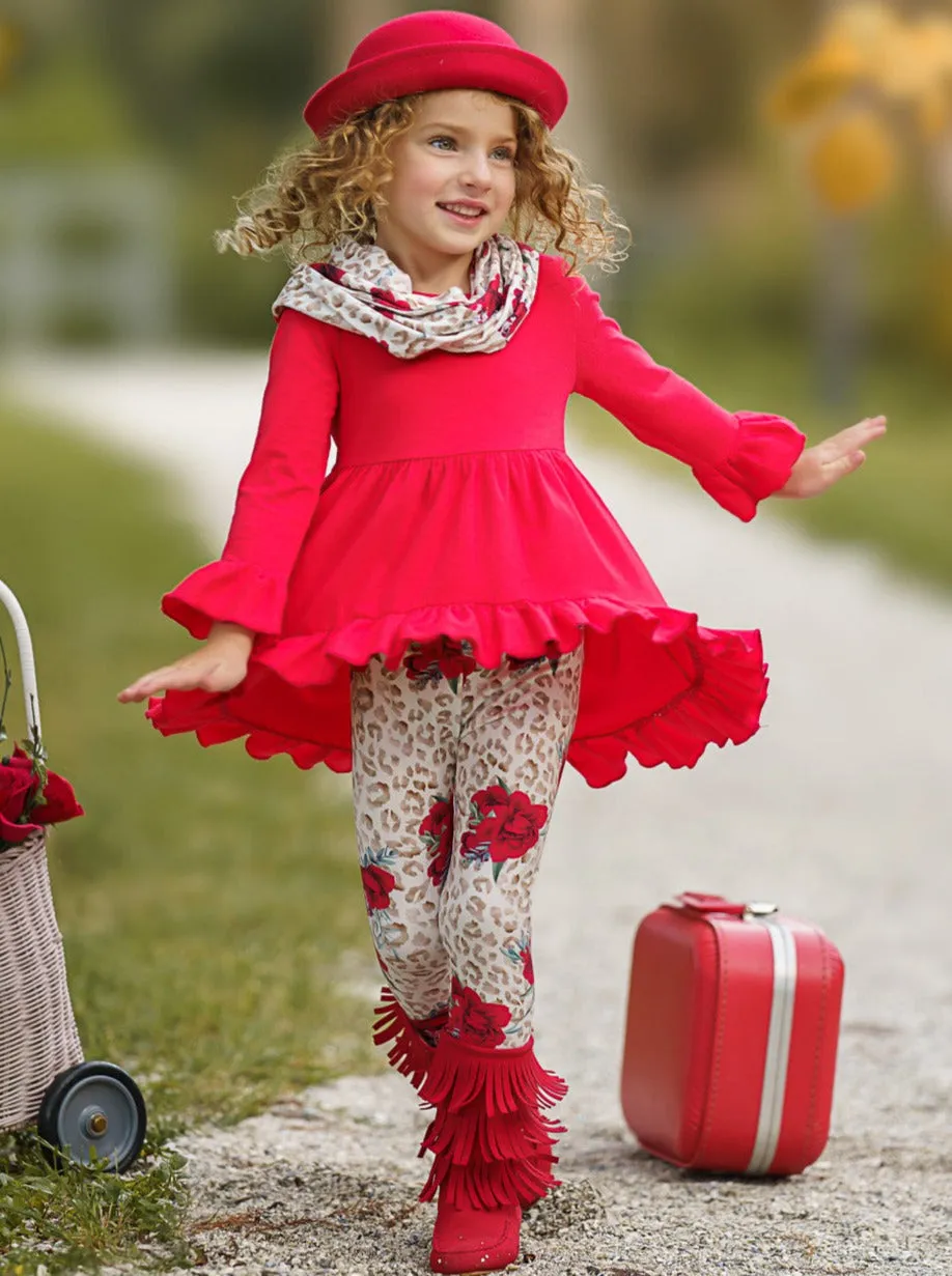 Cherry Floral Animal Print Tunic, Legging And Scarf Set