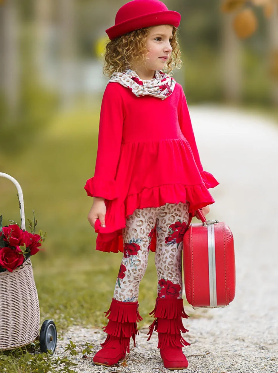 Cherry Floral Animal Print Tunic, Legging And Scarf Set