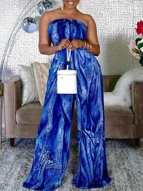 Chic Strapless Backless Wide-Leg Jumpsuit with Trendy Stripes