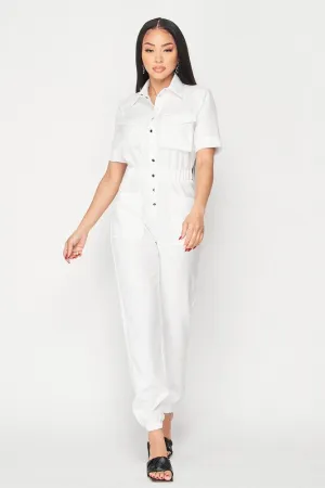 CINCHED WAIST SHORT SLEEVE BUTTON-UP JUMPSUIT