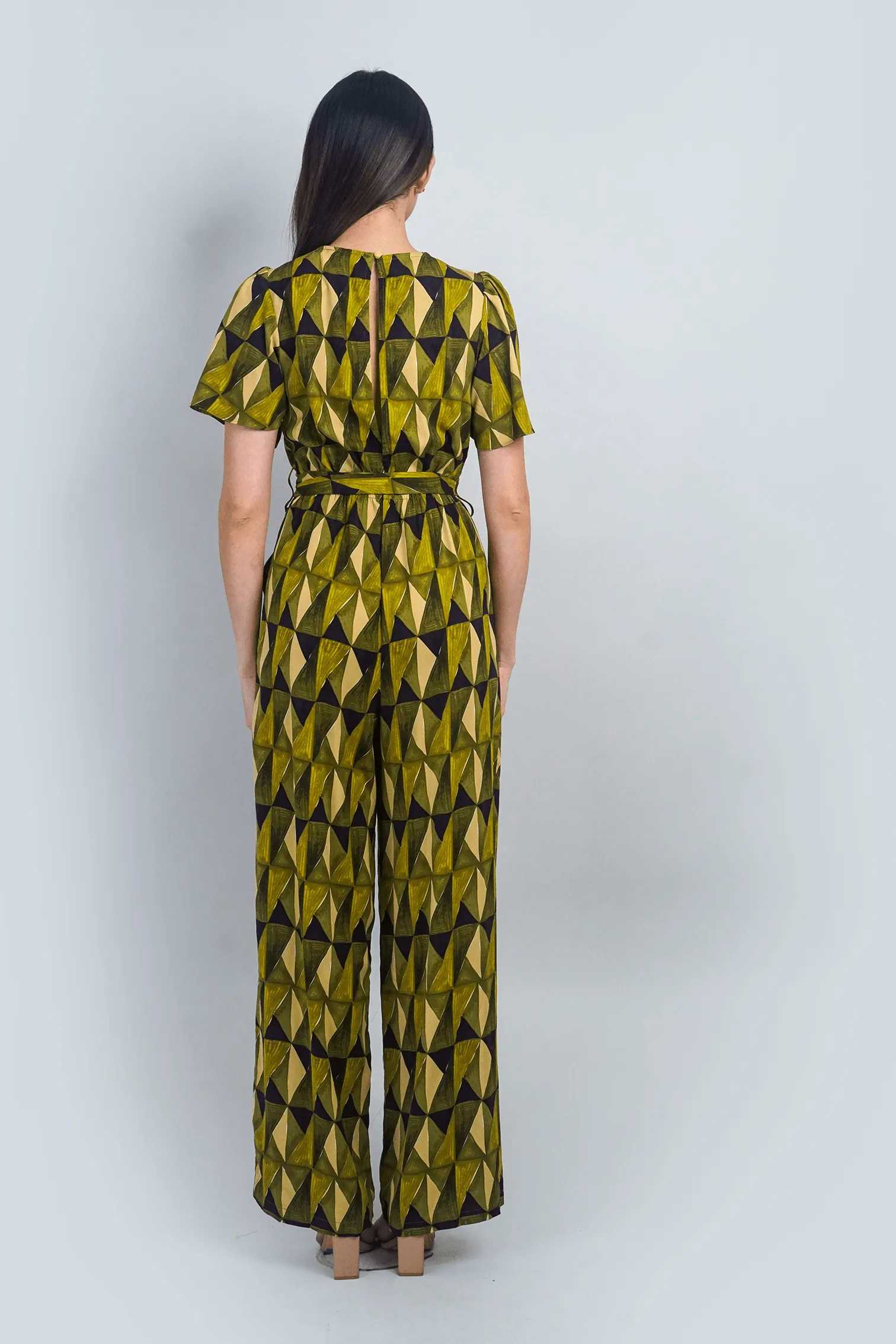 Citron Green Abstract Print Flutter Sleeve Jumpsuit