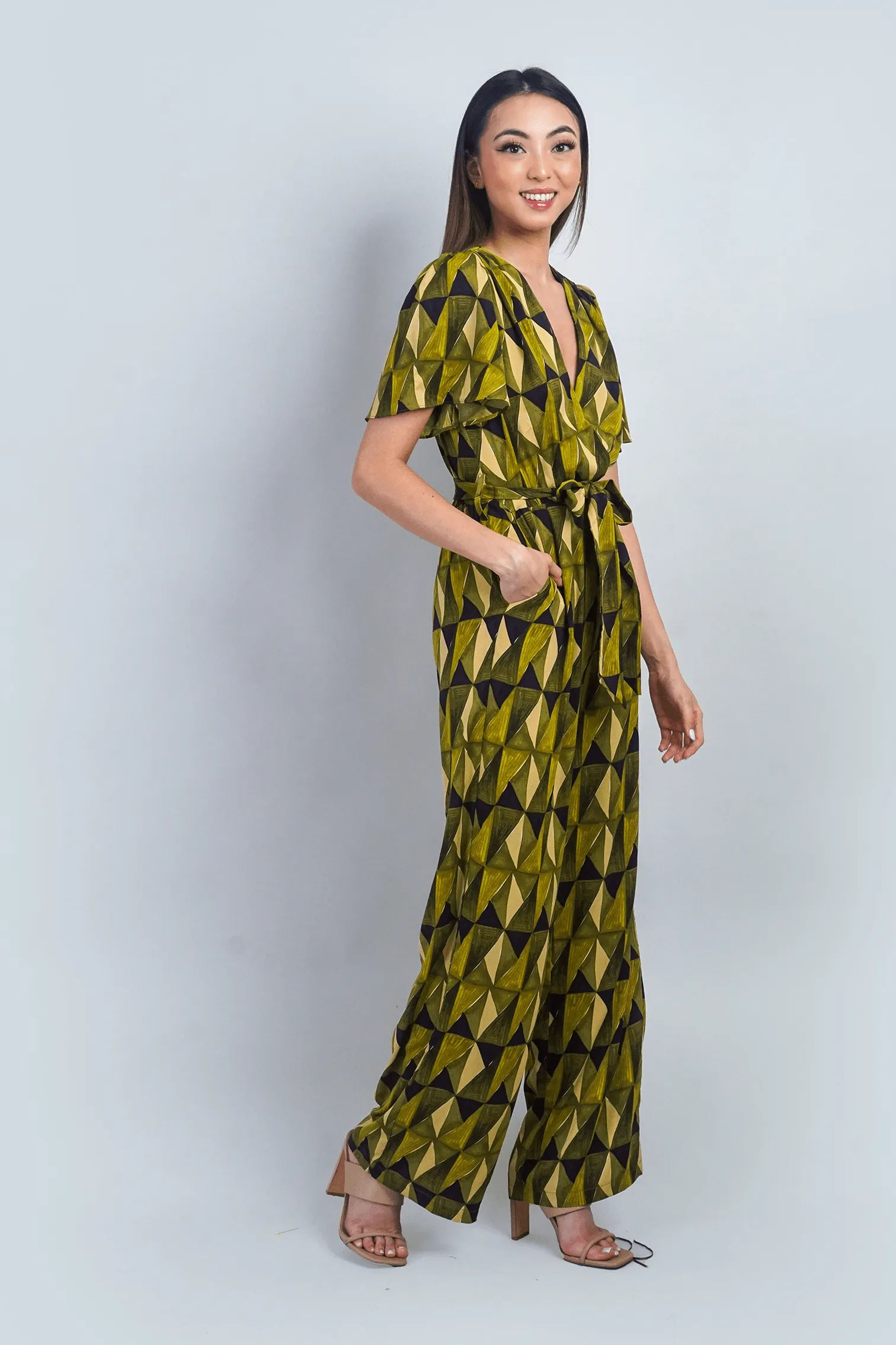 Citron Green Abstract Print Flutter Sleeve Jumpsuit