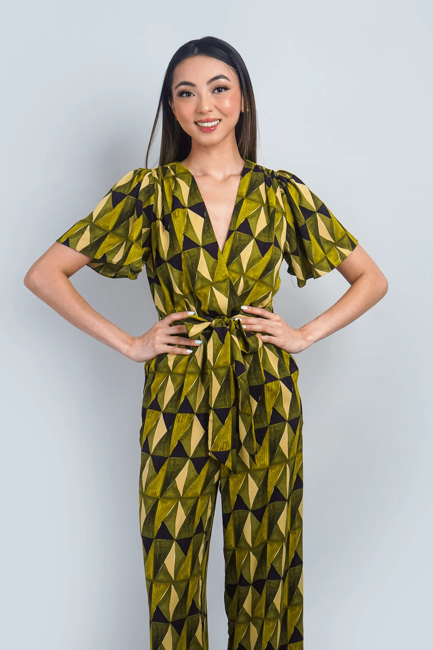 Citron Green Abstract Print Flutter Sleeve Jumpsuit